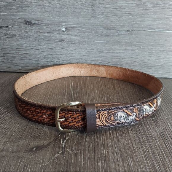 Tooled Western Leather Belt Customized "OWENS" Size 28 - Picture 2 of 6